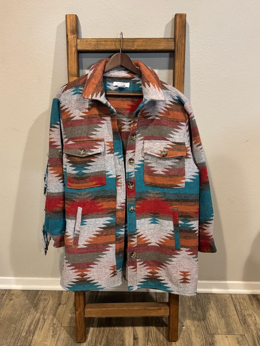 AZTEC PRINT BUTTON UP JACKET WITH FRINGE IN GREY